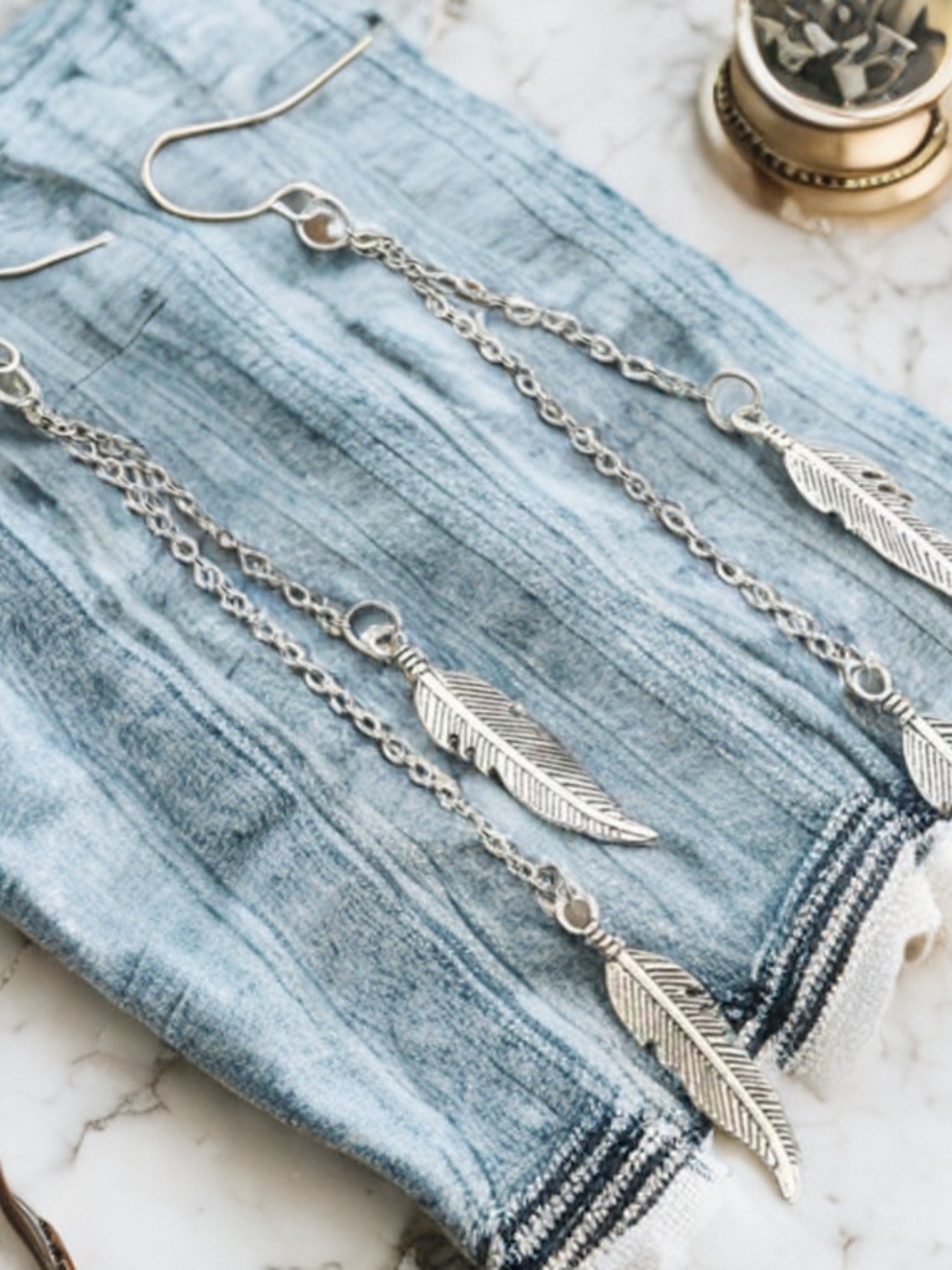 ANTHROPOLOGIE BOHO SILVER FEATHER DROP EARRINGS